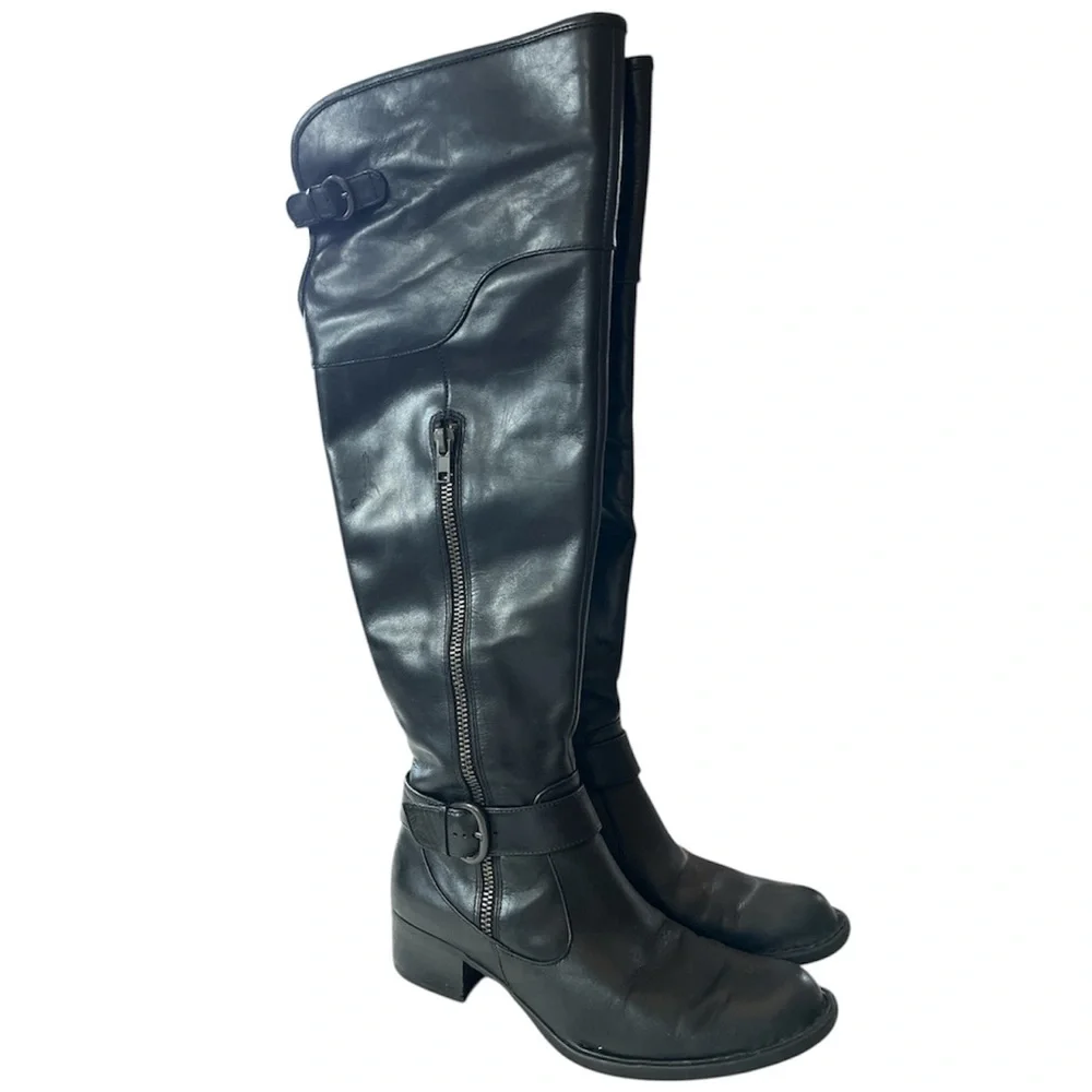 Crown by Born Black Upper Leather Over the Knee Boots with Buckle Details Size 8